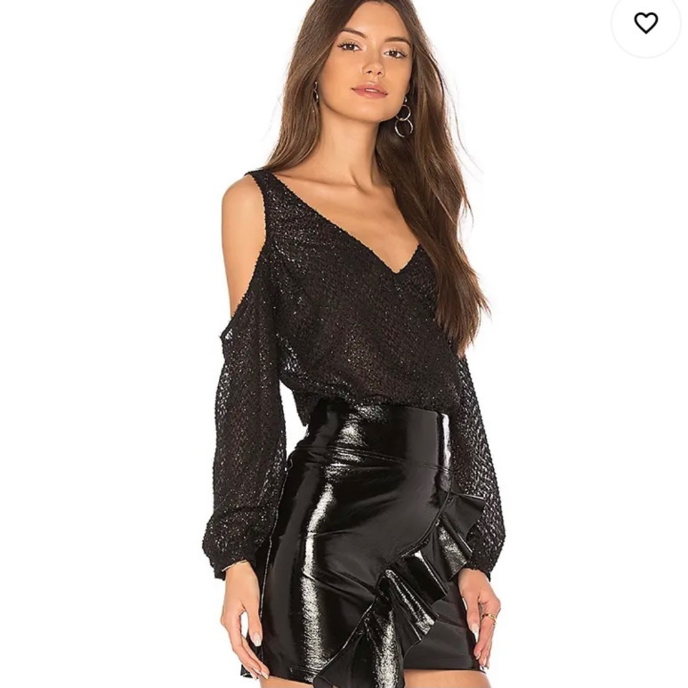 L’Academie REVOLVE Shimmer Metallic Black Cold Shoulder Long Sleeve Blouse Small
